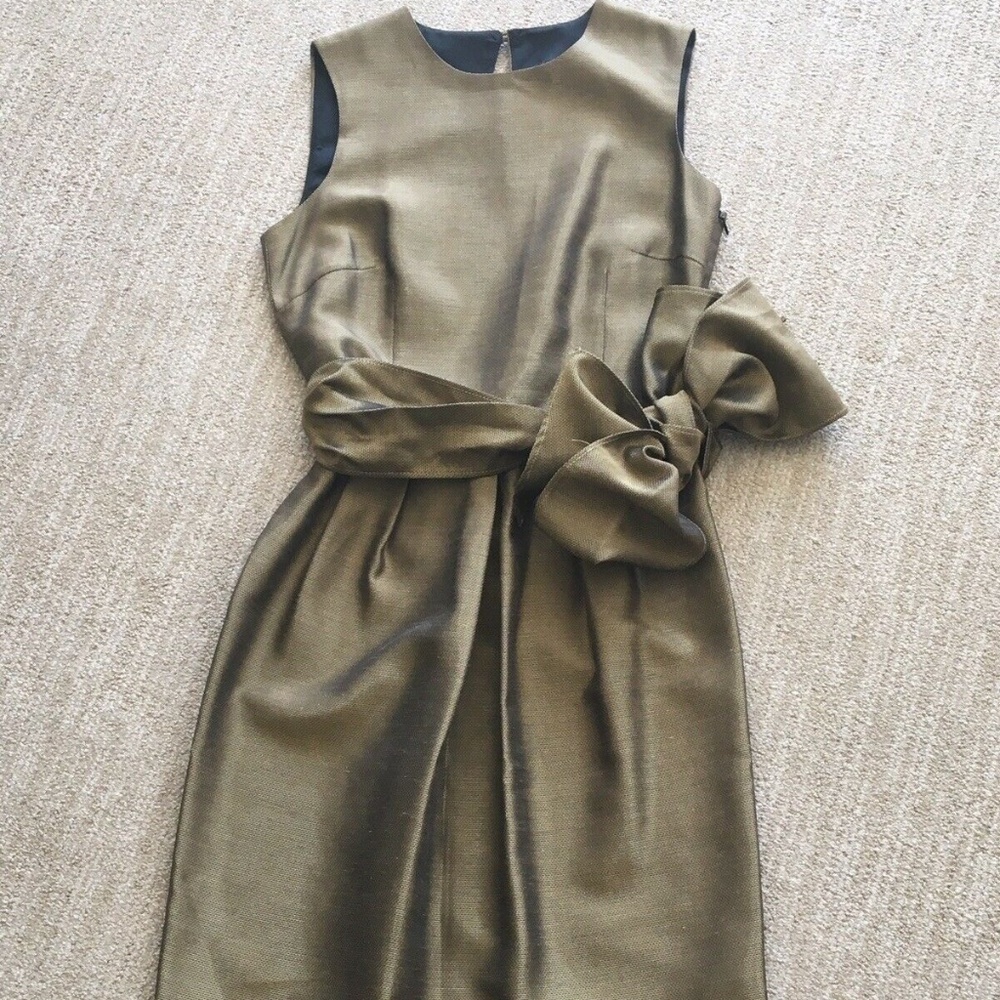 Zara Metallic Gold Box Pleat Shift Dress Tie Waist